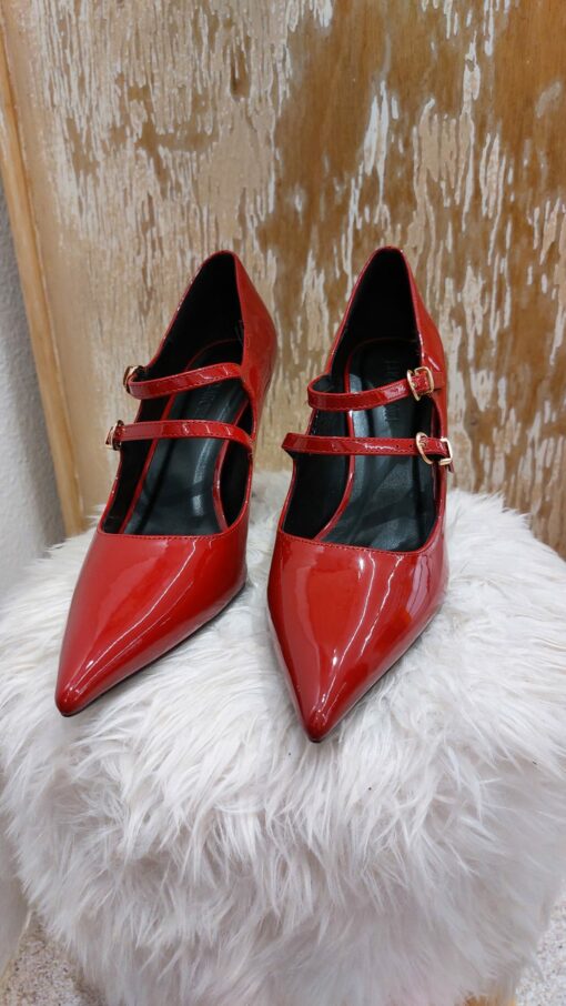 Zapato charol rojo, doble hebilla - Imagen 3