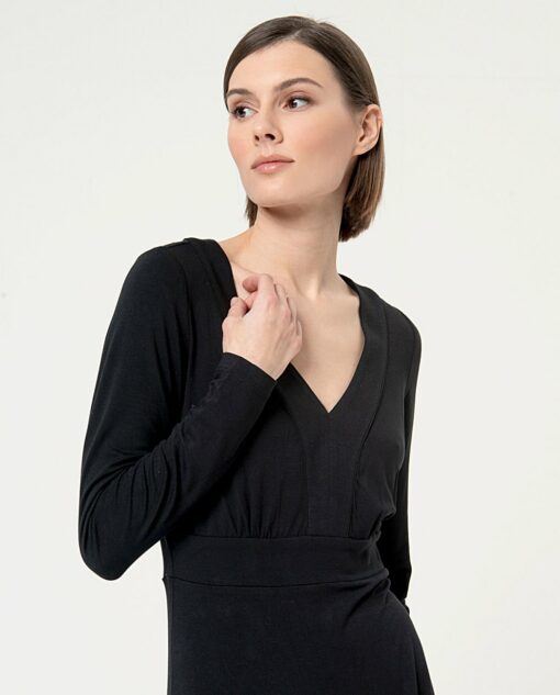 Vestido a rodilla,escote pico, con cinturilla alta Negro - Imagen 3