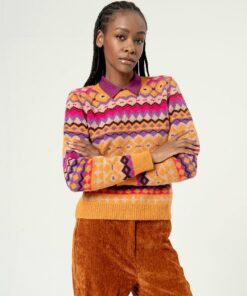 Jersey jacquard de cenefas, escote redondo Naranja