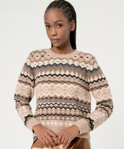Jersey jacquard de cenefas, escote redondo Piedra
