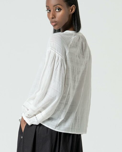 Blusa cuello maho abierto con mangas abullonadas Blanco - Imagen 2