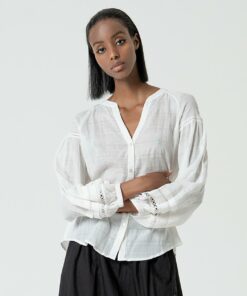 Blusa cuello maho abierto con mangas abullonadas Blanco