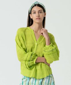 Blusa cuello maho abierto con mangas abullonadas Verde ácido