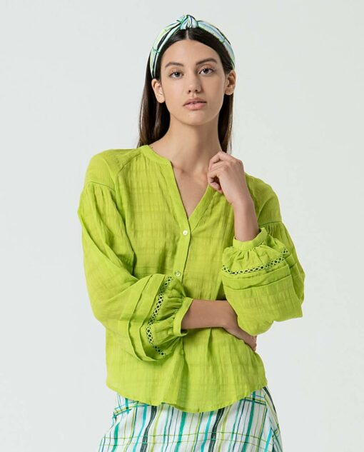 Blusa cuello maho abierto con mangas abullonadas Verde ácido