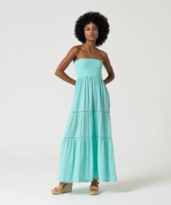 Vestido fruncido anudado al cuello Turquesa