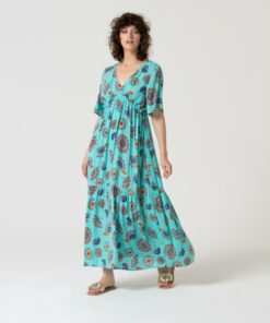 Vestido largo con mangas avolantadas Turquesa
