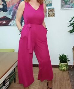 Mono cuello pico anudado en cintura fucsia