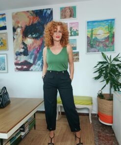 Top verde escote en V, filo lurex