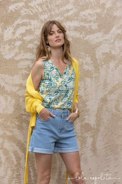 Top sisado estampado, verde/amarillo