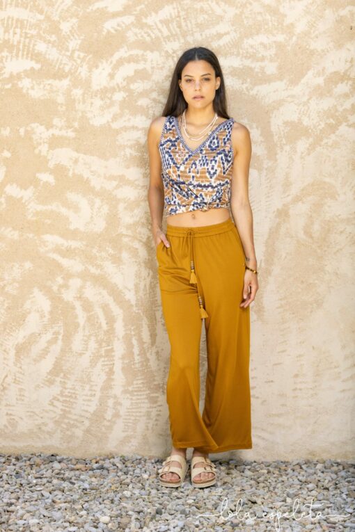 Top sisado, estampado azul/camel