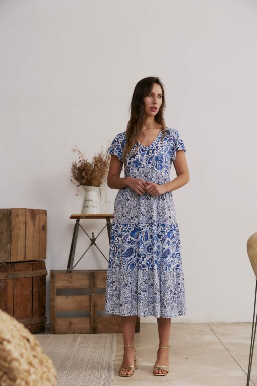 Vestido largo capas estampado azul
