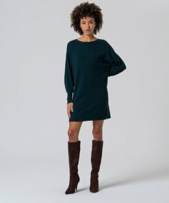 Vestido manga abullonada de tricot Verde Botella