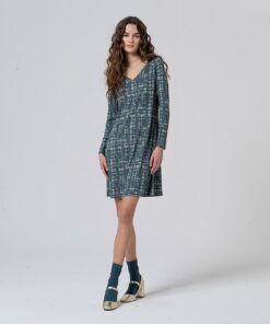 Vestido corto con cuello pico Azul acero