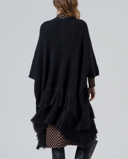 Poncho abierto de tricot con detalle de flecos Negro - Imagen 2