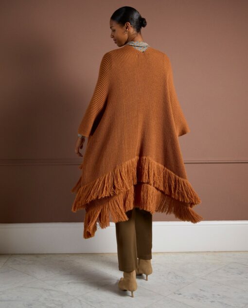 Poncho abierto de tricot con detalle de flecos Camel claro - Imagen 2