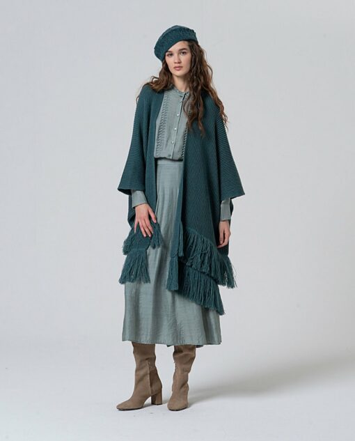 Poncho abierto de tricot con detalle de flecos Azul acero