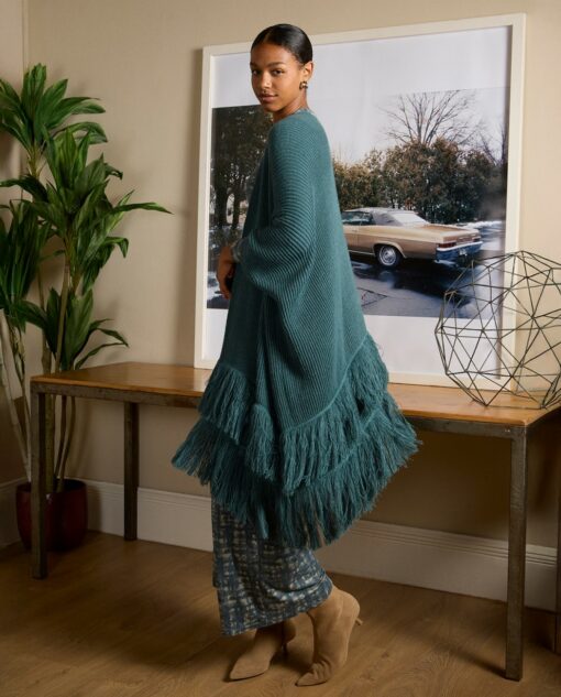 Poncho abierto de tricot con detalle de flecos Azul acero - Imagen 2