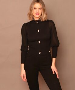 Blusa cuello perkins, manga plisada, negro