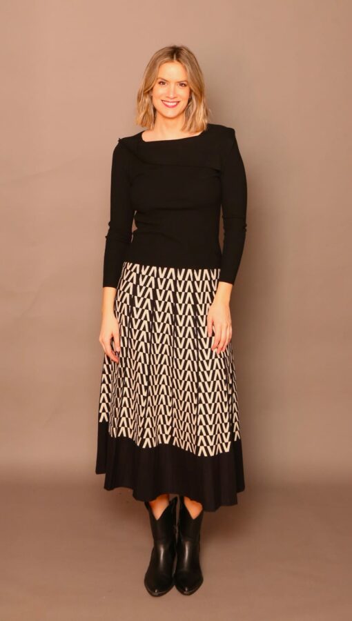 Falda larga zigzag, negro