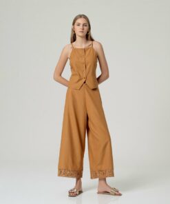 Pantalon pata ancha con bordado en bajo Camel