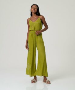 Pantalon ancho con detalle de crochet Verde